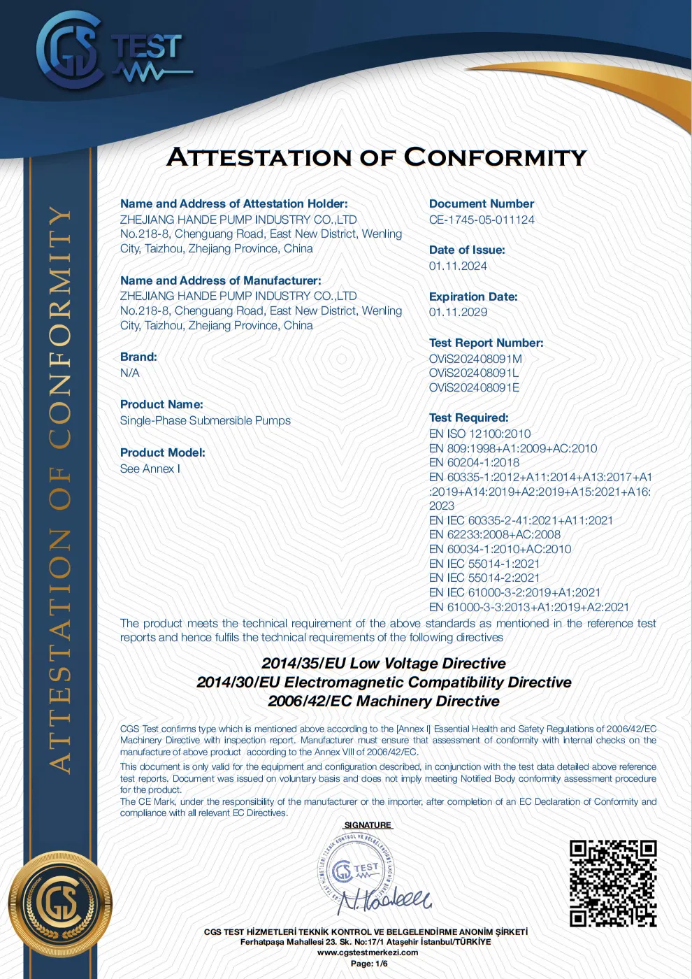CE certificate for single-phase deep well pump